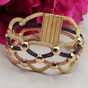 Tri-Color Woven Bracelet with Gold Bead Accents - Women Jewelry